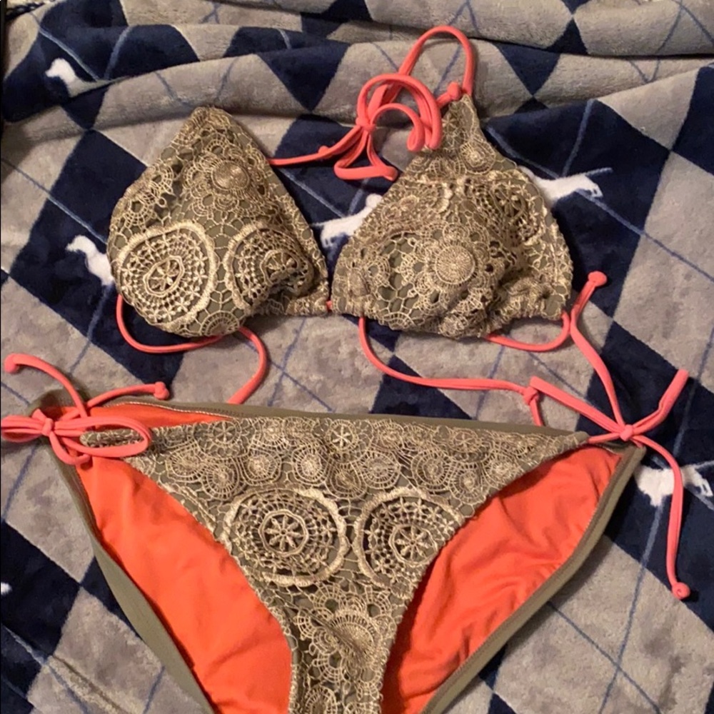 Olive Green bikini with salmon pink straps
